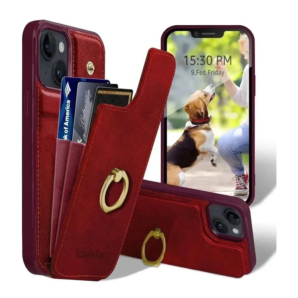 Faux Leather Wallet Case for iPhone 14 6.1” RFID Blocking 360°Ring Kickstand‎